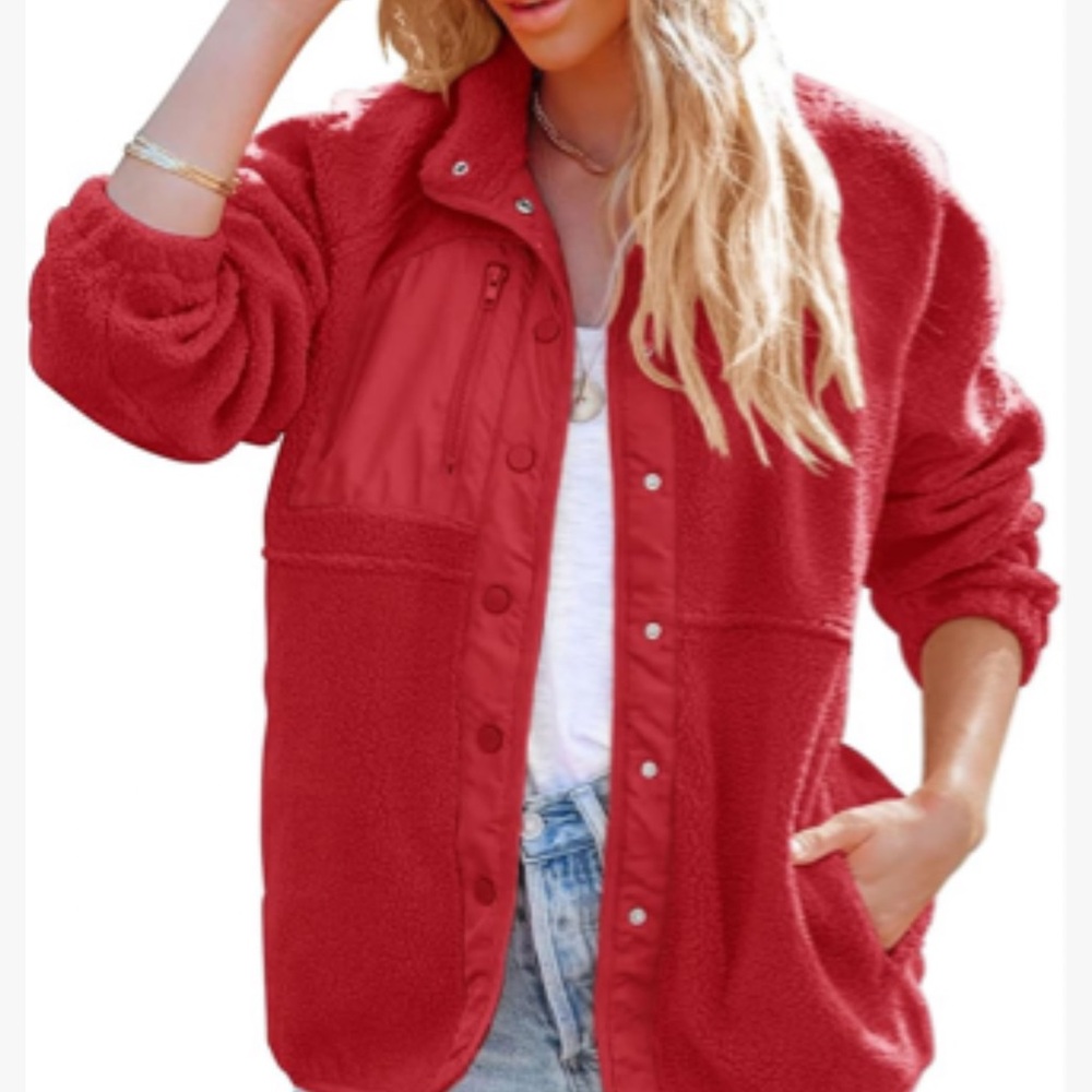 Red winter coat with zipper and pockets